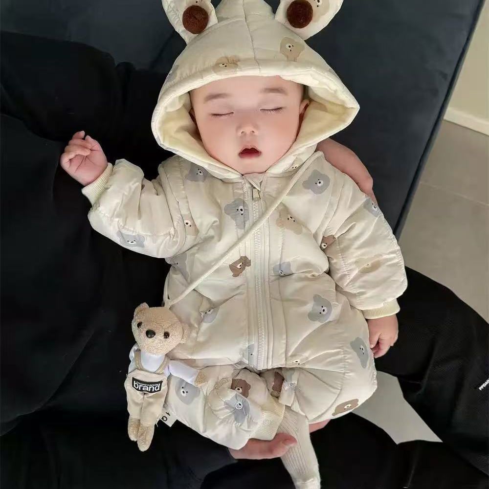 Newborn baby 100-day celebration bodysuit, infant winter clothes, thickened fleece-lined outfit, cartoon full month celebration winter wear