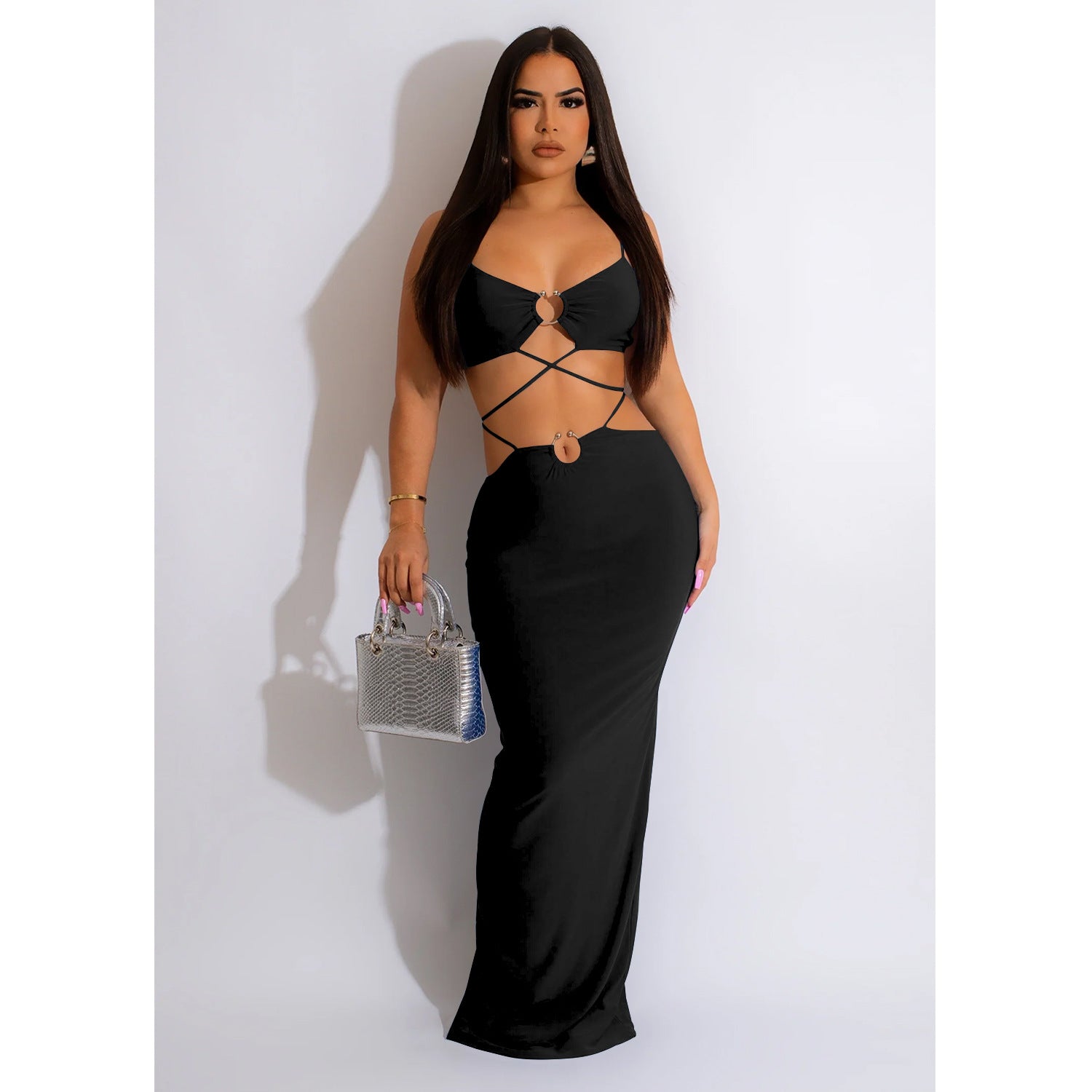 C6309 Cross-border   European and American fashion women's clothing solid color strap iron ring sleeveless long dress dress
