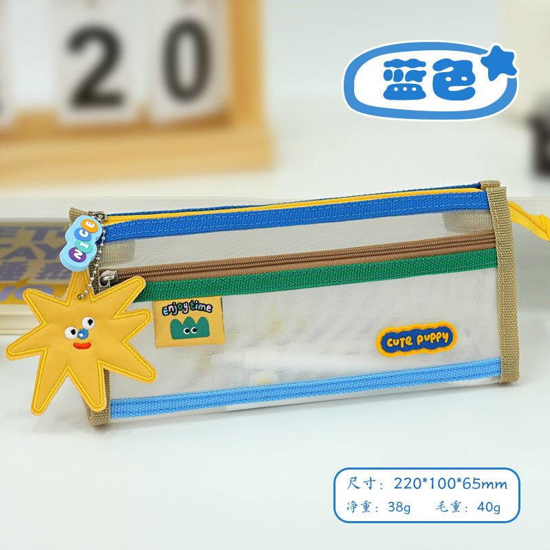 New cute fun contrasting color transparent stationery bag large capacity pencil bag high value simple primary and secondary school student stationery mesh bag