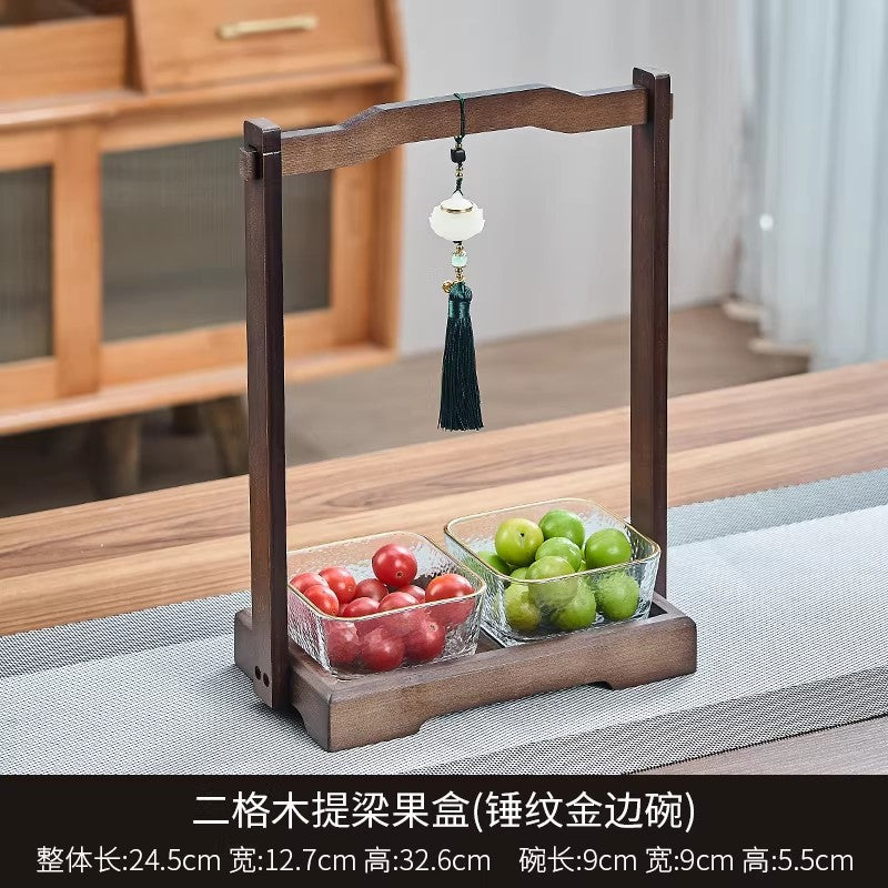 Chinoiserie walnut color dried fruit plate for home divided grids four-square grid lifting beam wedding new home glass bowl fruit plate fruit plate