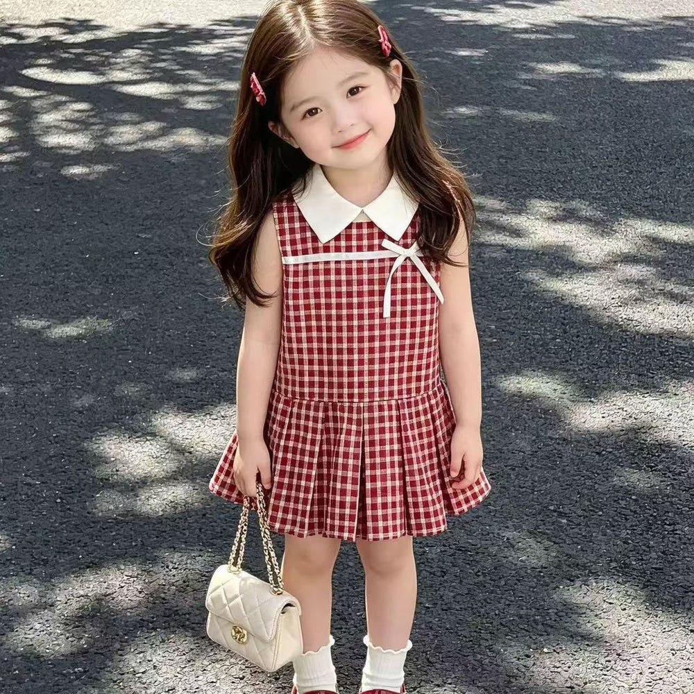 Girls' korean style outerwear dress - sweet plaid fresh summer new bowknot vest princess dress
