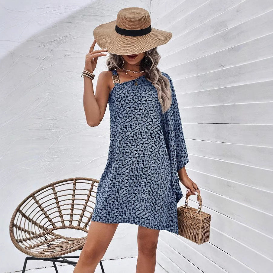 Amazon independent station fashion cross-border new arrival women's fashion bat sleeve asymmetrical looseprintingdress