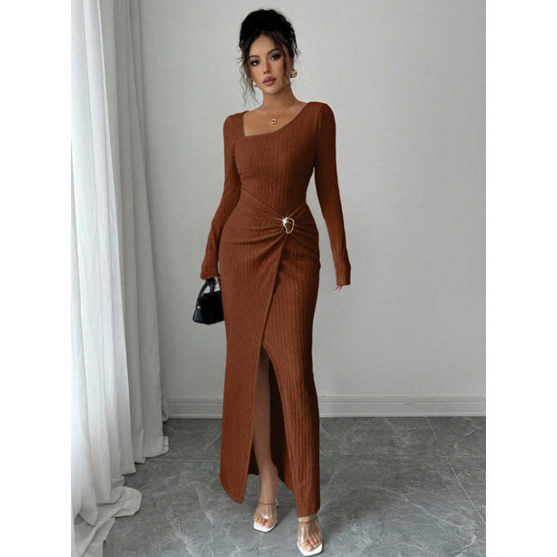 spring/summer new women's slim-fit bodycon fashionable slimming slit square neck long sleeve knitted dress