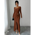 spring/summer new women's slim-fit bodycon fashionable slimming slit square neck long sleeve knitted dress