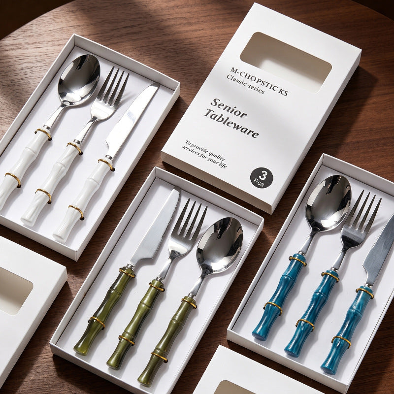 Bamboo handle stainless steel fork spoon tableware suit creative acrylic bamboo handle western food knife fork spoon dessert spoon