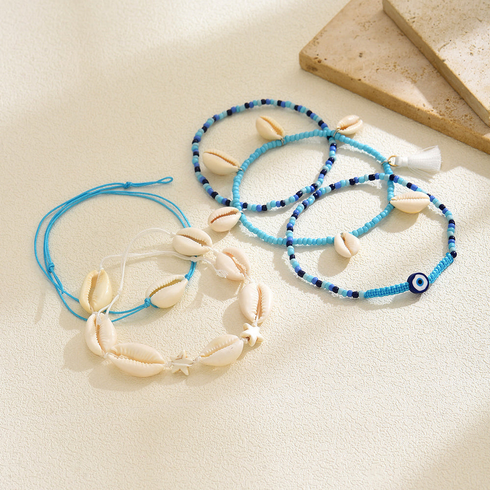 Wholesale seashell anklets - cross-border summer ocean-inspired accessories for women - versatile, unique, handmade blue rice bead starfish leg rings