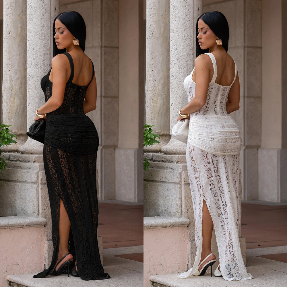 C7705 cross-border   fashion women's sexy see-through lace strappy bodycon dress