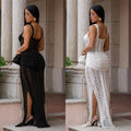 C7705 cross-border   fashion women's sexy see-through lace strappy bodycon dress