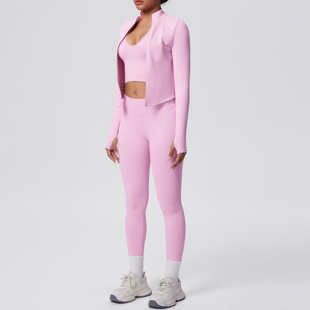 Seamless solid color compression breathable high-elastic yoga set - 3 piece workout outfit for running, fitness, and yoga