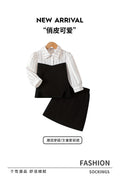 Girls' spring outfit set: striped shirt & black and white color block skirt - two-piece preppy style