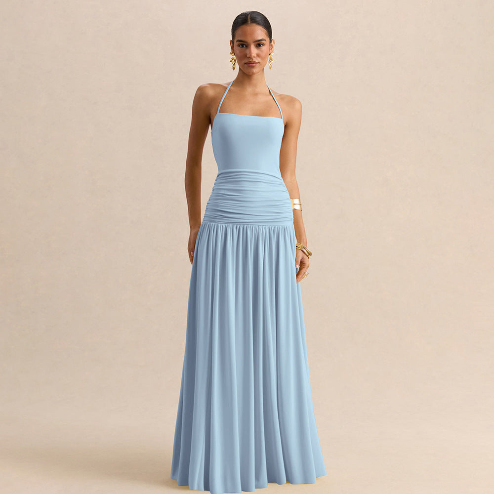 Amazon cross-border fashion style women's eleganthaltertie backbackless suspender waist slimming look pleated dress for women