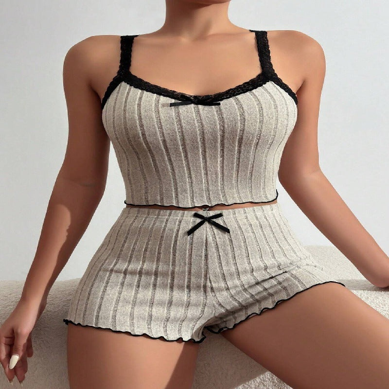 new arrival women's home elastic pajamas sexylace lace suspenders shorts ribbed pit strips fleece brushed