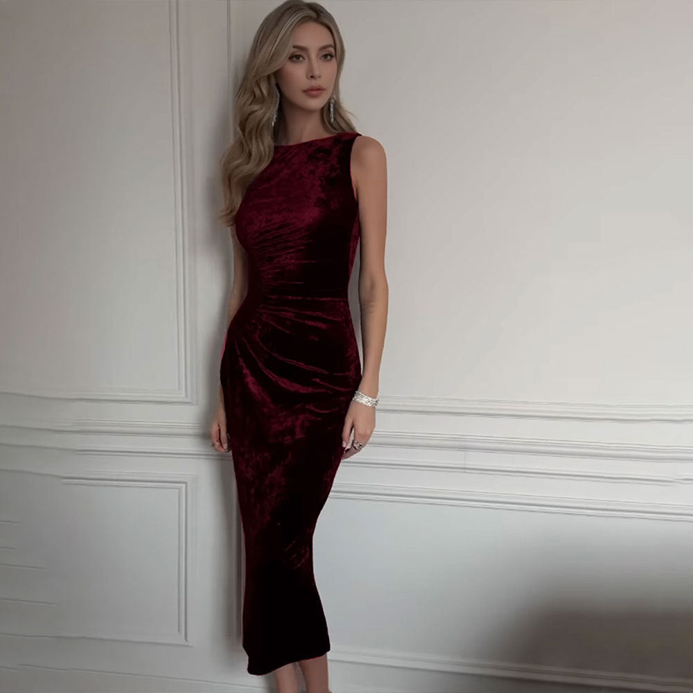 european and american women's fashion french chic dress summer high-end elegant velvet midi dress