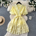 French-style heavy lace v-neck bubble sleeve dress - women's summer korean style red tie-waist slimming a-line dress