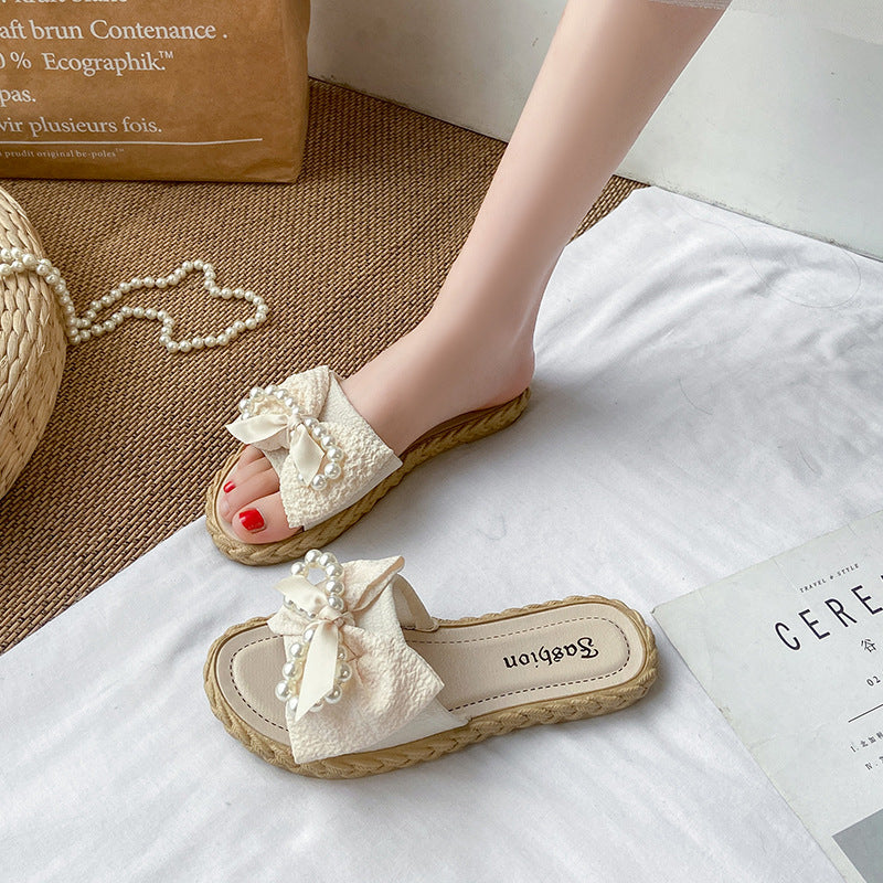 New women's summer slippers - korean style, wearable outdoors, pearl & bowknot flower beach sandals, women's ins flat slippers