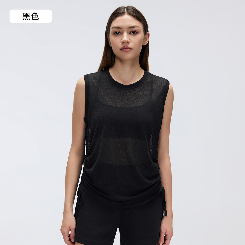 Simple round neck sleeveless sports tank top women's thin breathable side drawstring yoga top cover-up summer d26097