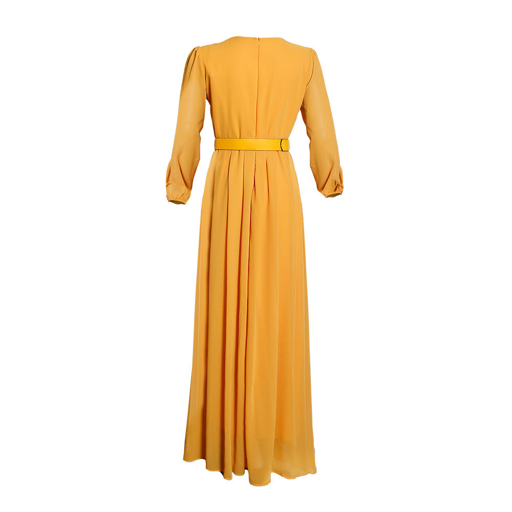 Fashion cross-border supply  long skirt long sleeves african plus size women's clothing elegantwork clothing chiffon dress belt