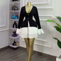 European and american cross-border women's fashion:  spring new arrival - elegant and stylish v-neck color block flared sleeve asymmetrical dress