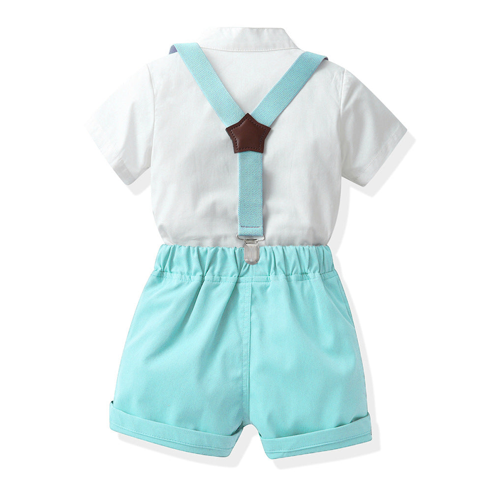 Korean style kids' summer outfit set - baby boy short-sleeve shirt & overalls two-piece set - first birthday party dress - boys' shirt