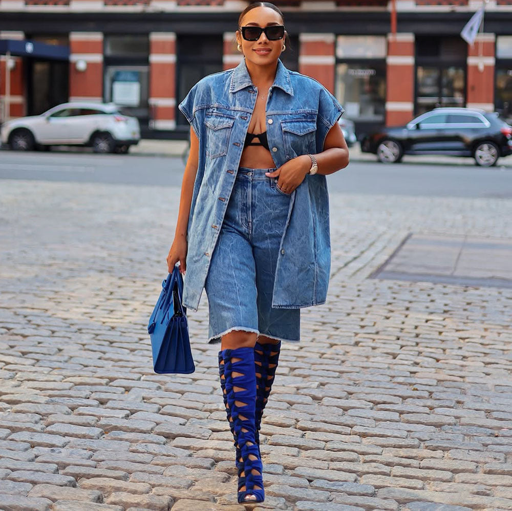 European and american style women's casual denim jacket -  cross-border fashion sleeveless denim vest jacket