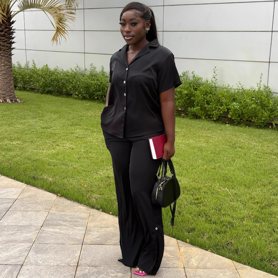 Cross-border European and American women's clothing solid color lapel cardigan shirt top women's African style fashion wide-leg trousers two-piece set