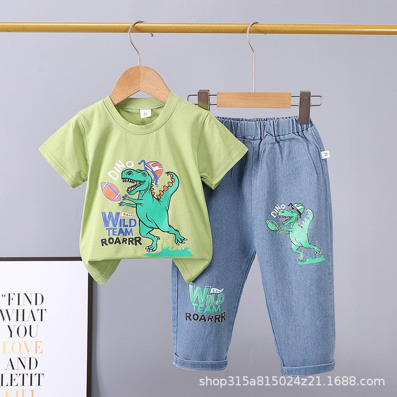 Summer new arrivals: toddler & kids' denim pants & cartoon print short sleeve two-piece set - multiple styles available