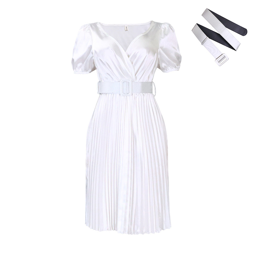 D370 belted european and american style women's summer  new  v-neck sexy pleated plus size foreign trade dress