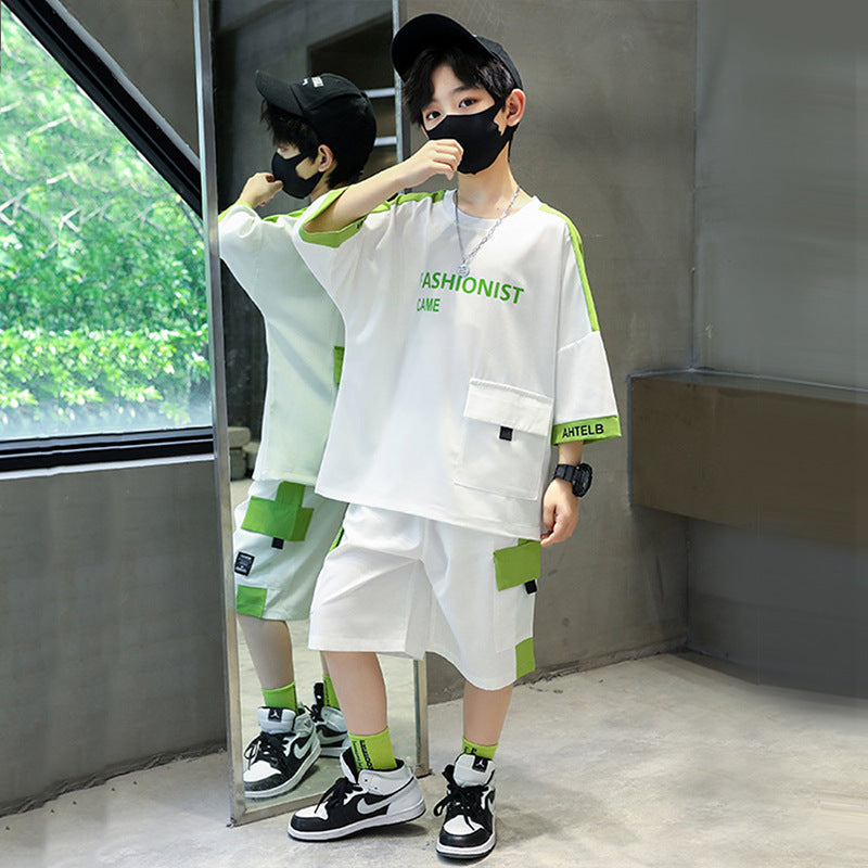 Boys' summer outfit set: new  styles for mid-to-large children - lightweight, trendy, short-sleeve activewear for boys