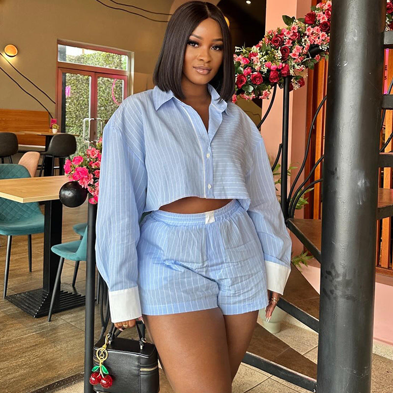 European and american style women's clothing  autumn new collection: sweet and fresh striped turn-down collar cropped shirt and high-waisted straight-leg shorts two-piece set