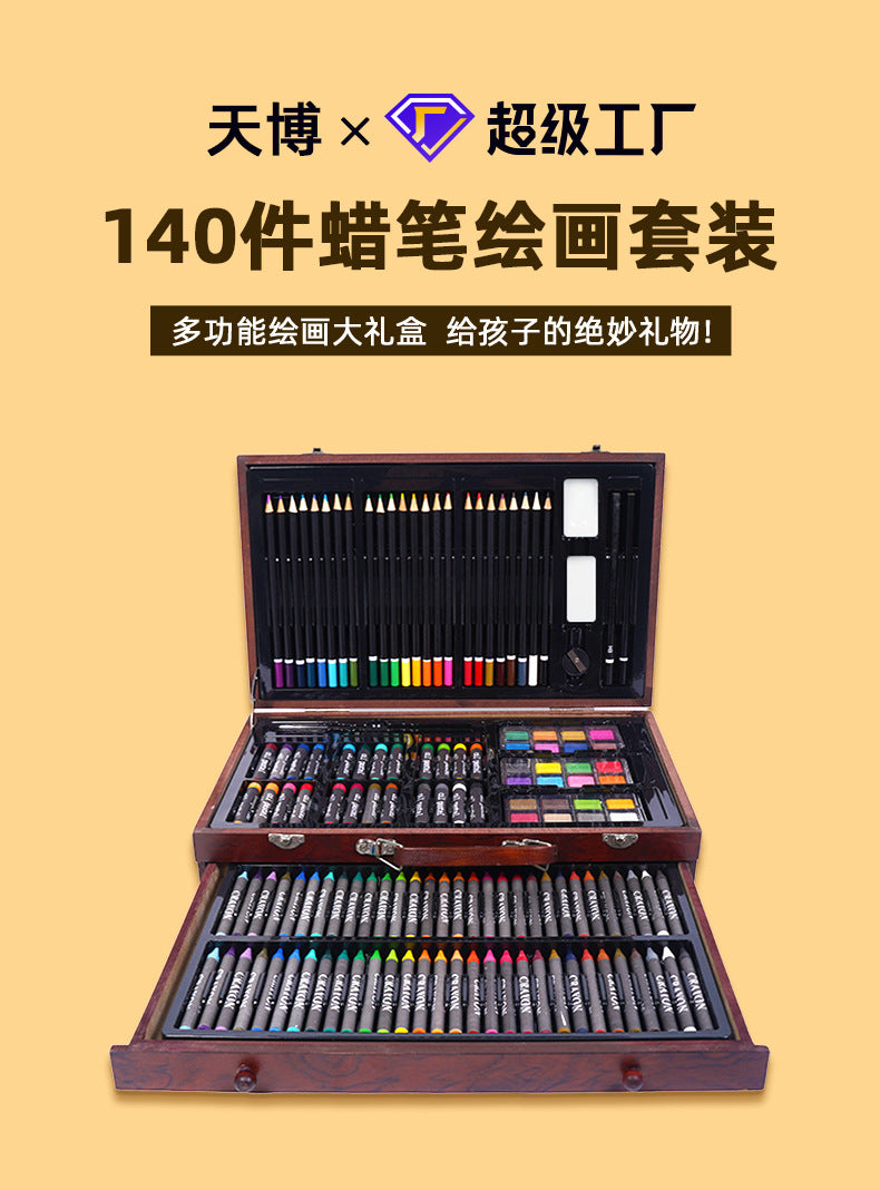 Crayon customization, no dirty hands crayon oil painting stick set 140 pieces wooden box children's art painting color pencil set