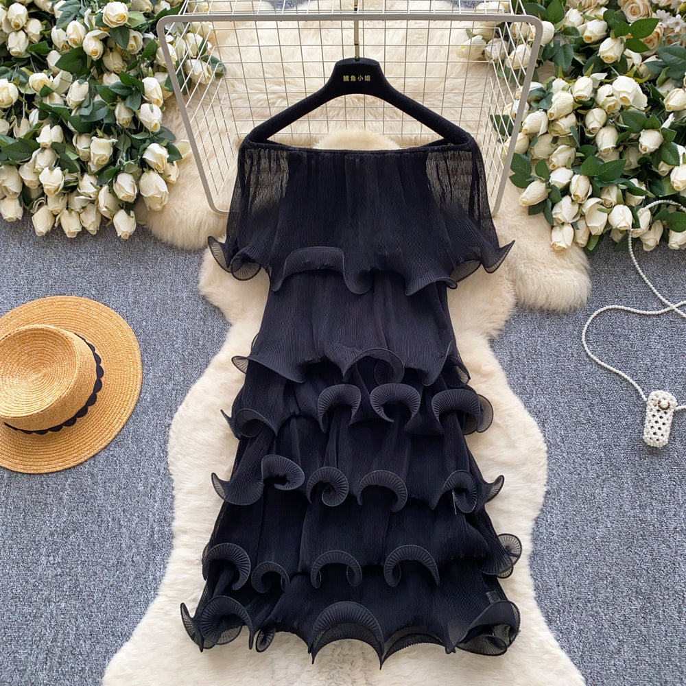 Accessible luxury dopamine ruffles cake skirt elastic women's super hot silm a-line dress classy sense vacation skirt