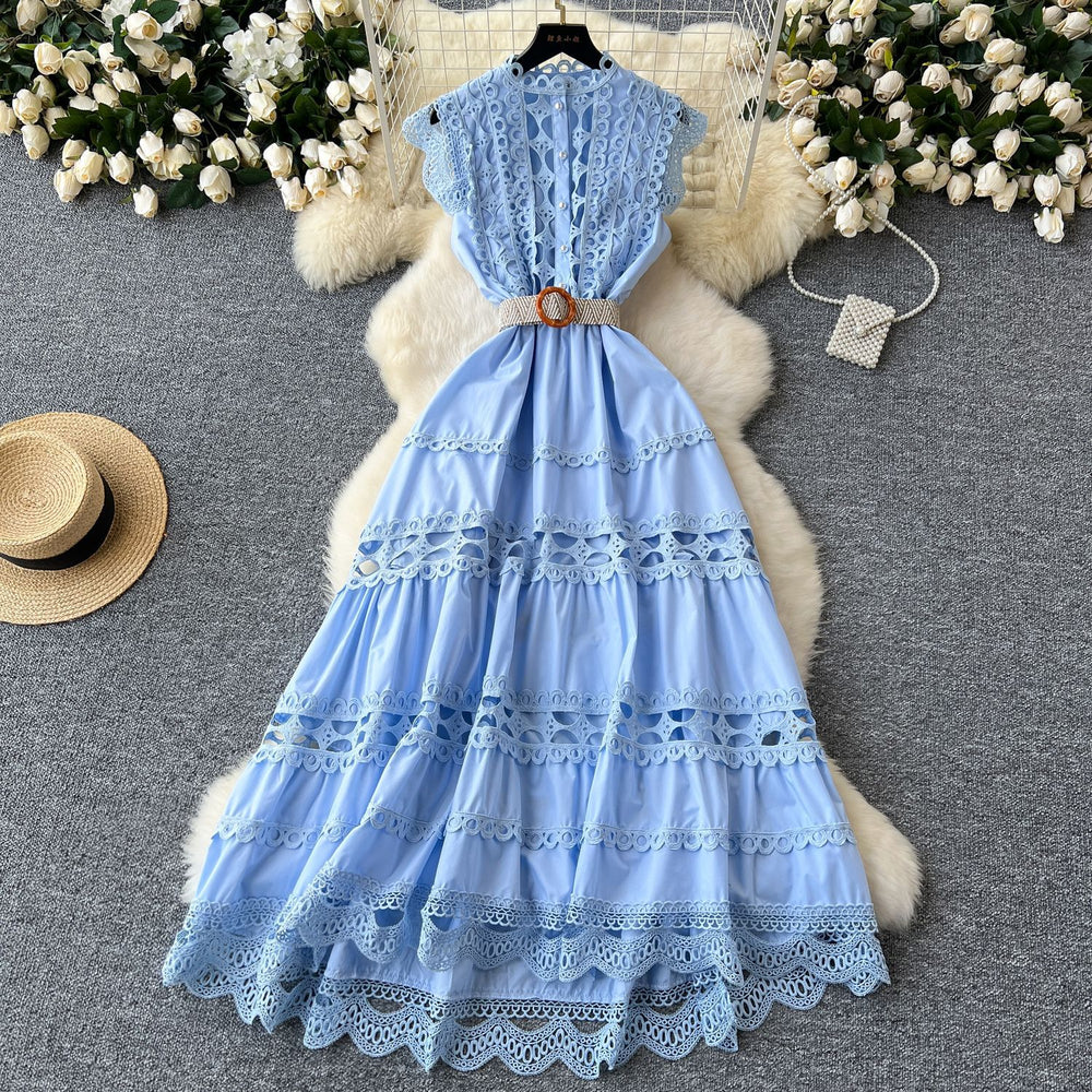 Palace retrofrenchlong dress women's fashionelegancecut outlacepatchwork sleeveless waist swing dress