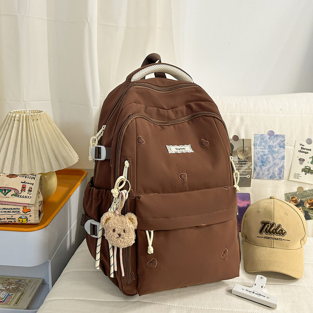 Heart embroiderypure color backpackcute style junior high school and college student backpack macaron color large capacity school bag