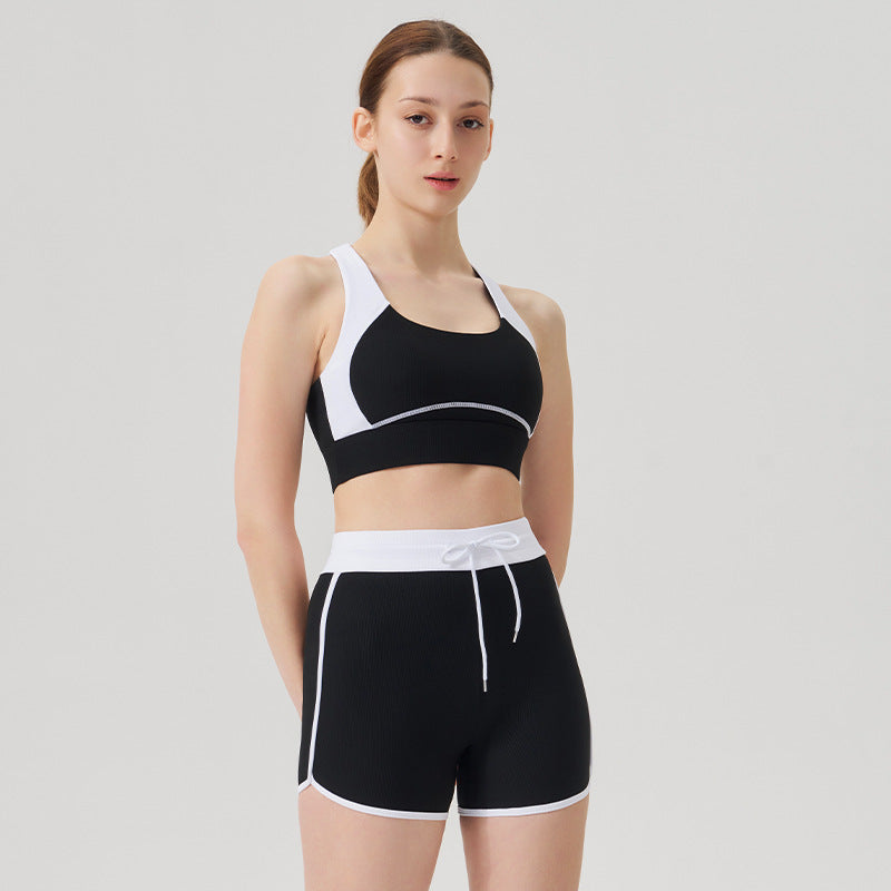 Spring/summer high-waisted activewear set for women - color block, open back, body-hugging, barely-there feel yoga set with running shorts - gym & yoga apparel