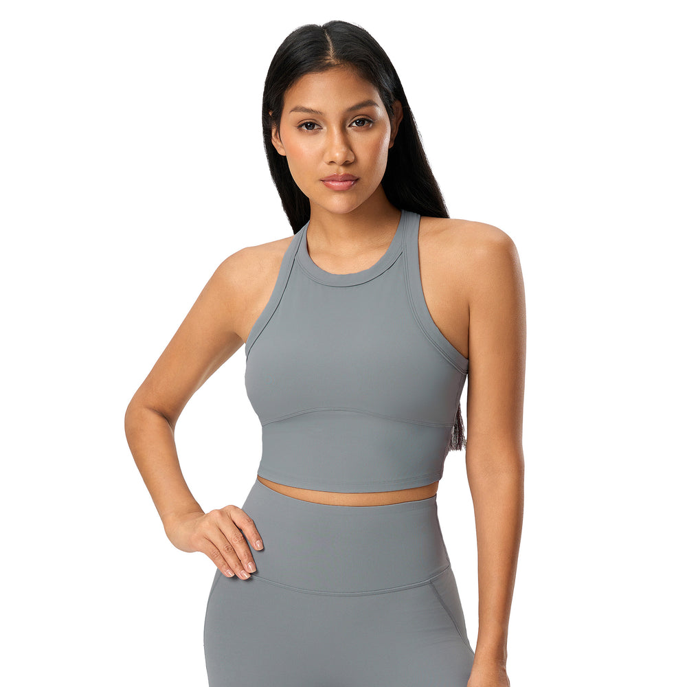 Short sleeveless sports vest women's nude stretch fixed cup high round neck fitness yoga clothes topsd25030