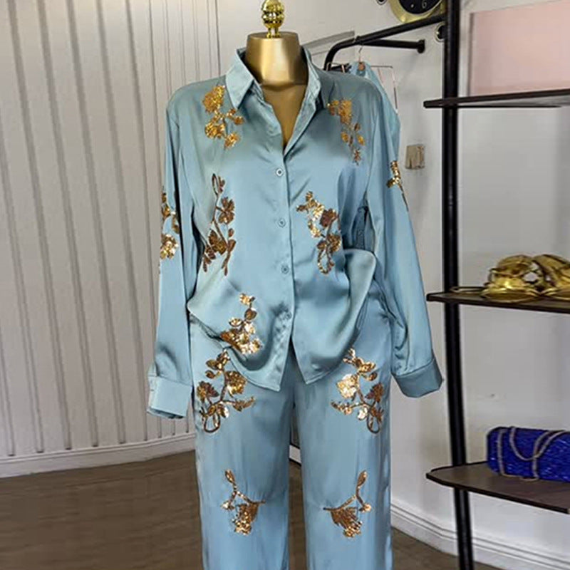 European and american cross-border women's fashion:  autumn new collection - stylish turn-down collar long-sleeve shirt and high-waisted pants set