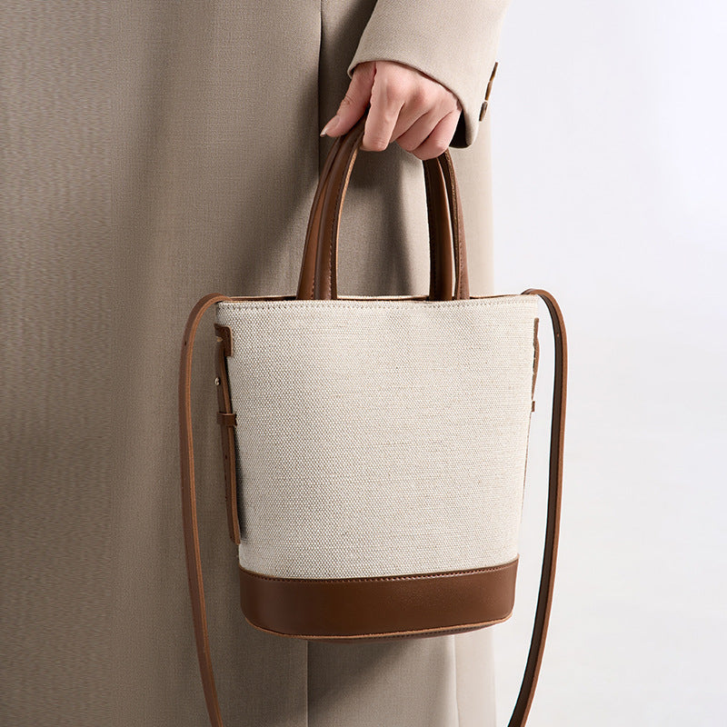 Versatile minimalist patchwork large capacity crossbody bag - korean style fashion canvas tote bucket bag for women - ladies' shoulder bag