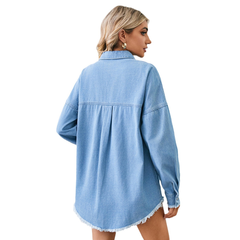 Ebay cross-border trade  independent station new washed distressed denim shirt long sleeve raw hem top for women
