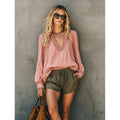 Shipped: new european and american style women's v-neck ruffle trim solid color long sleeve versatile blouse
