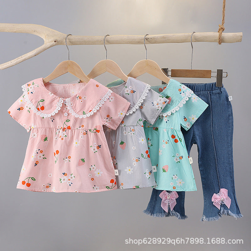Floral print short-sleeve summer outfit for girls (0-4 years) - includes blouse with shoulder ruffles and denim pants