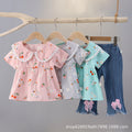 Floral print short-sleeve summer outfit for girls (0-4 years) - includes blouse with shoulder ruffles and denim pants