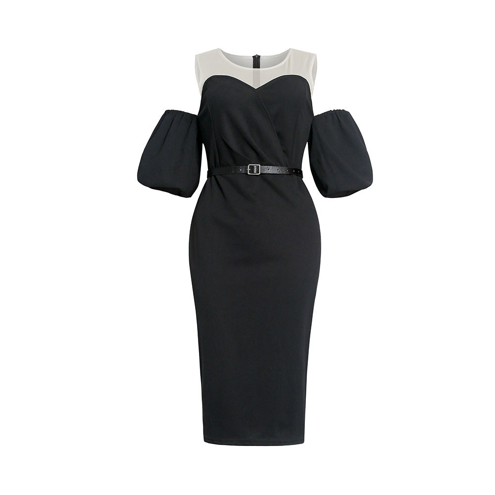 Plus size women's fashion: european & american style african-inspired dress - puff sleeve, off-the-shoulder, sexy bodycon midi dress with belt