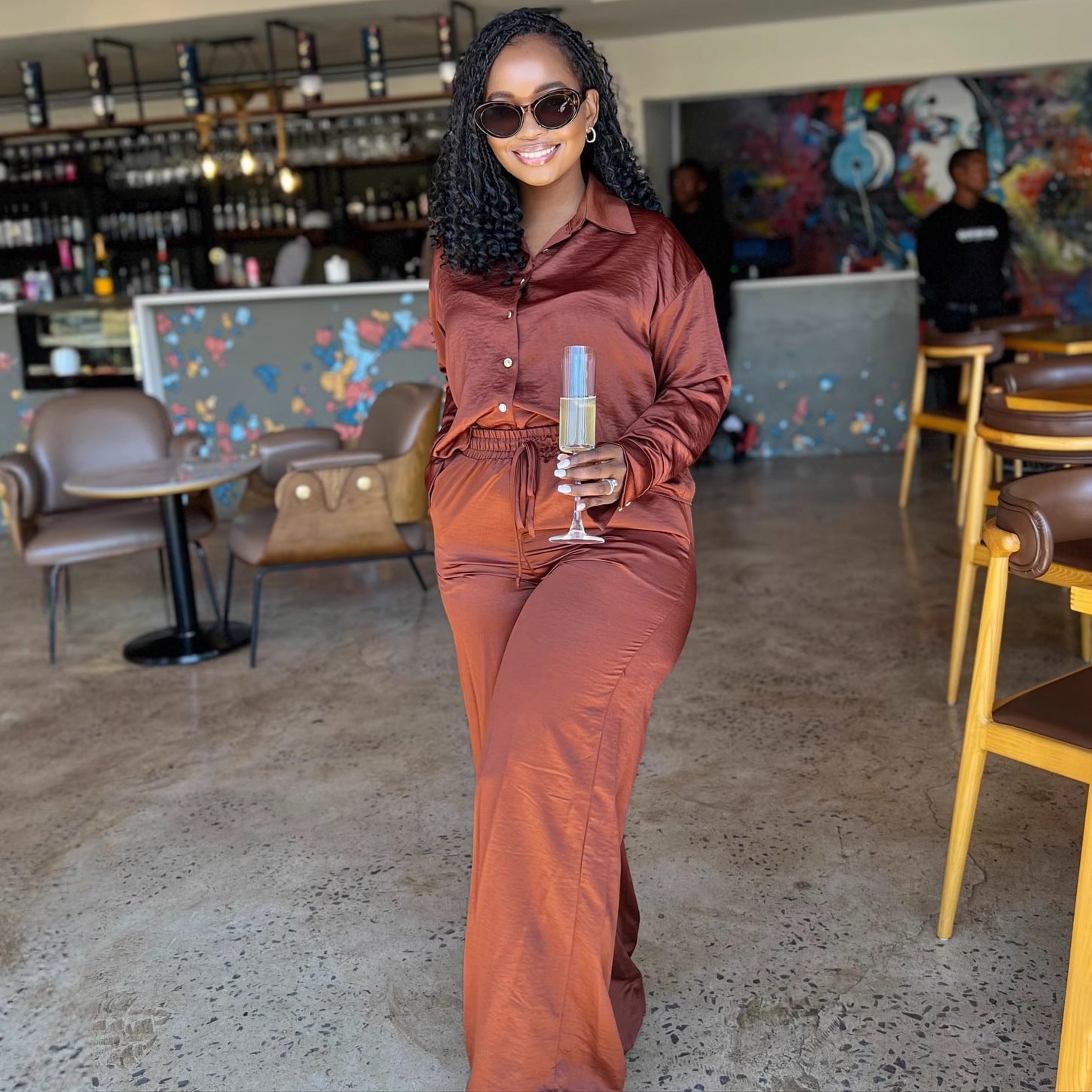 European and American large-size women's clothing long-sleeved lapel cardigan shirt high waist strap casual trousers African new two-piece set women