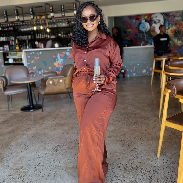 European and American large-size women's clothing long-sleeved lapel cardigan shirt high waist strap casual trousers African new two-piece set women