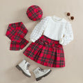 fashionpreppy style girlsuitbubble long sleeves round neck bowsplaid skirt scarf beretsuit