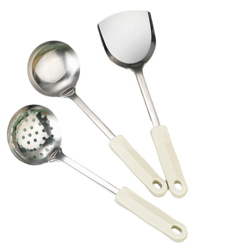 Creamy white diamond pattern stainless steel utensil set - 3-piece multifunctional kitchen tool set for stir-frying and serving soups