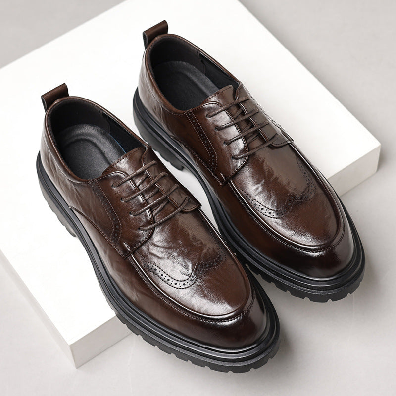 Genuine leather men's dress shoes - new business formal brogue style, british casual, black, for weddings and grooming