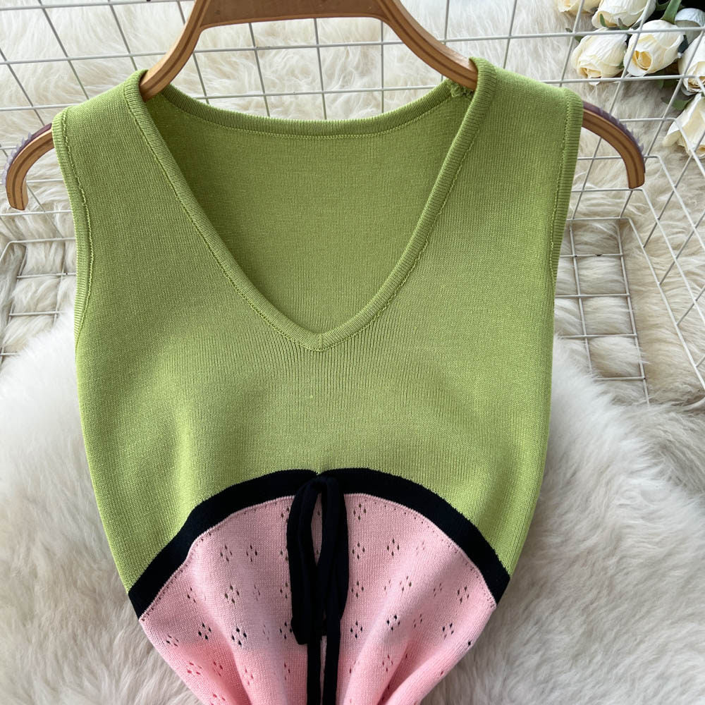 Frenchcontrast colorv neck sleeveless sweetdress women's spring and summerhigh waist silmslimming look a-line skirt work clothingelegant long skirt