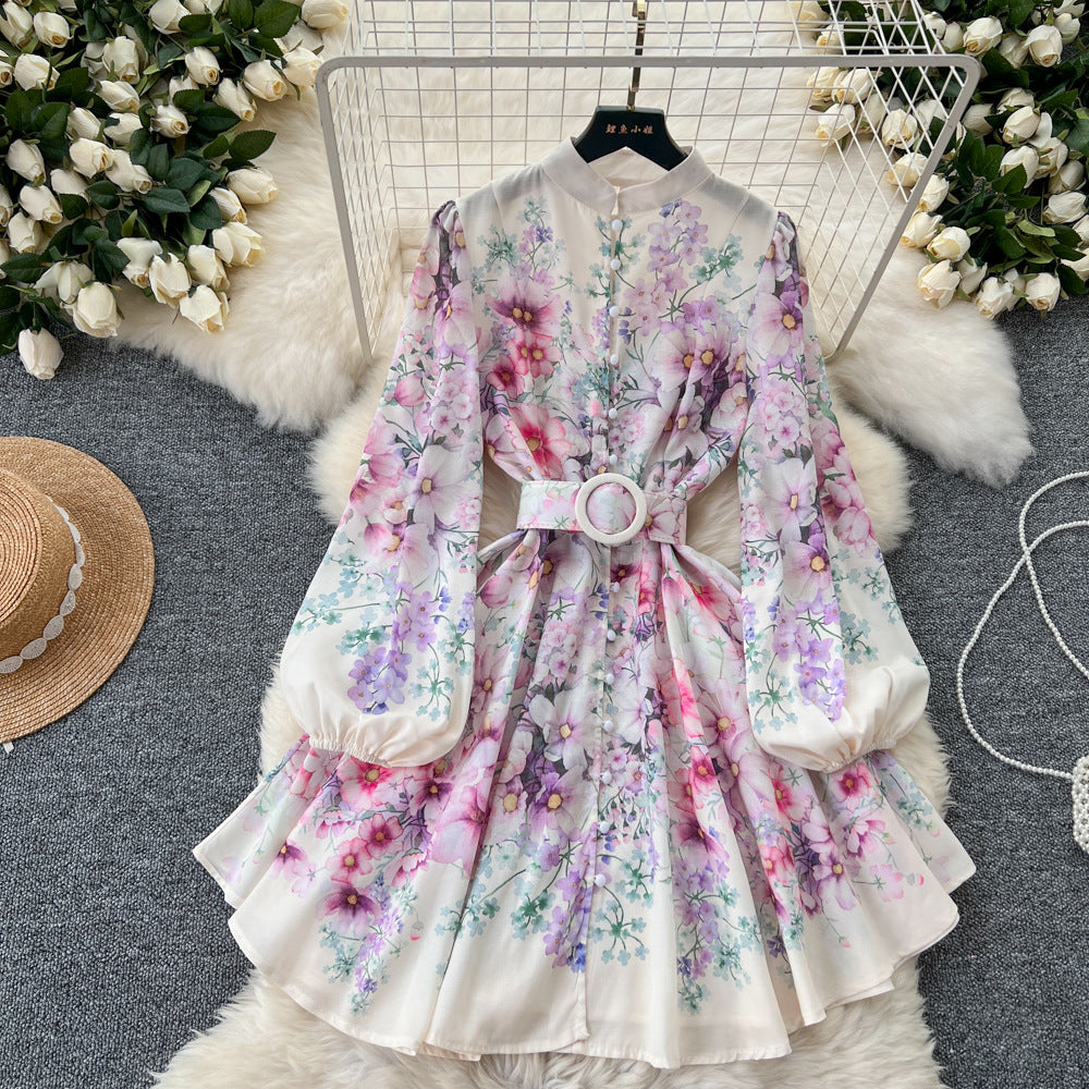 Super fairy seaside vacation v neck floral dress women's summernew arrivaltie back waist large swing pleated fairy skirt