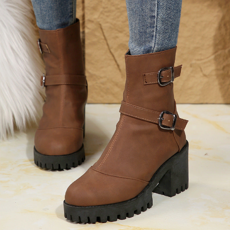 plus size boots for women fall and winternew arrivalfashionfashion round toe thick heel belt buckle women's boots